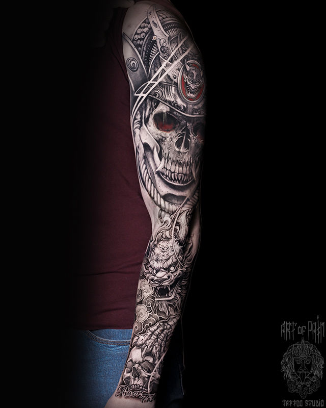 Татуировка мужская реализм тату-рукав черепа и дракон – Мастер тату: Слава Tech Lunatic