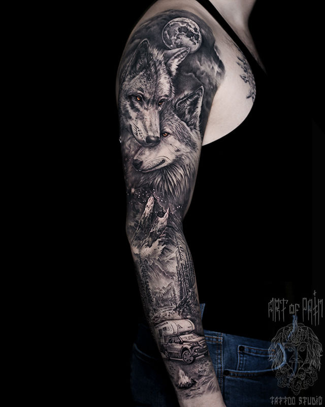 Татуировка мужская реализм тату-рукав волки – Мастер тату: Слава Tech Lunatic
