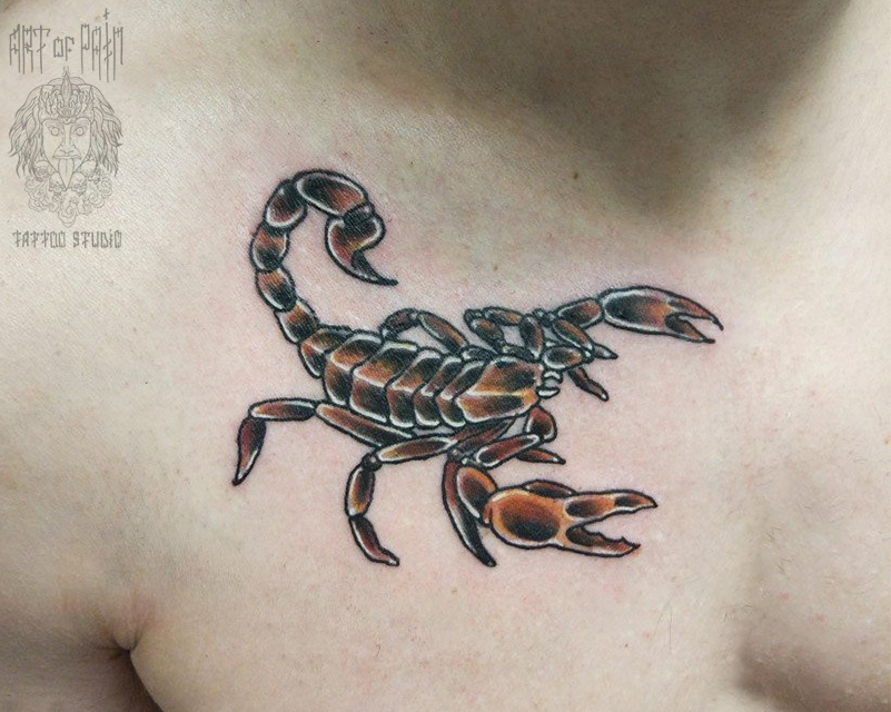 Татуировка мужская нью-скул на груди скорпион – Мастер тату: 