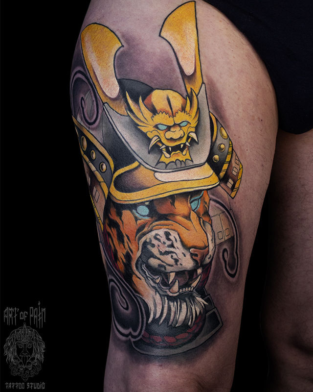Татуировка мужская япония на бедре тигр в шлеме самурая – Мастер тату: 