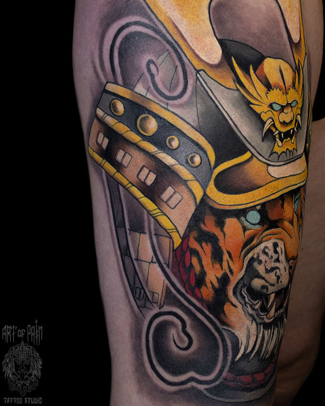 Татуировка мужская япония на бедре тигр в шлеме – Мастер тату: 