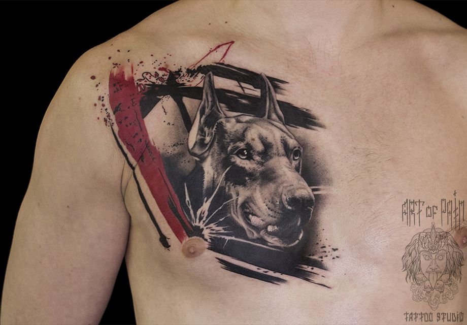 Татуировка мужская треш полька на груди доберман – Мастер тату: 