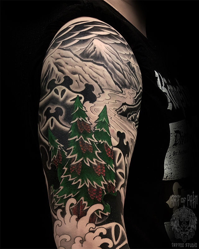 Татуировка мужская япония на плече лес – Мастер тату: 