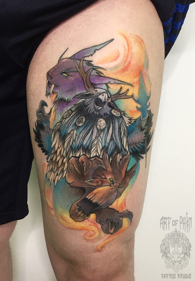 Татуировка мужская нью-скул на бедре друиды из World of Warcraft – Мастер тату: 