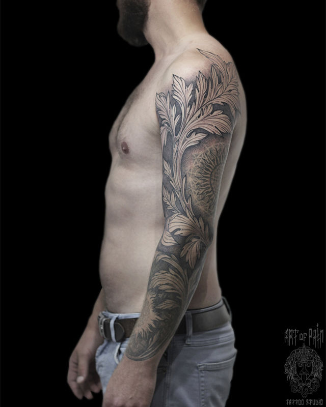 Татуировка мужская графика тату-рукав растения и орнамент – Мастер тату: Надежда Полякова