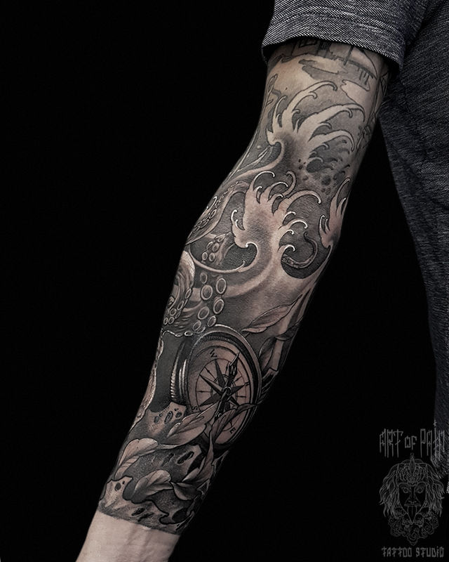 Татуировка мужская графика и япония тату-рукав осьминог, якорь, компас – Мастер тату: 