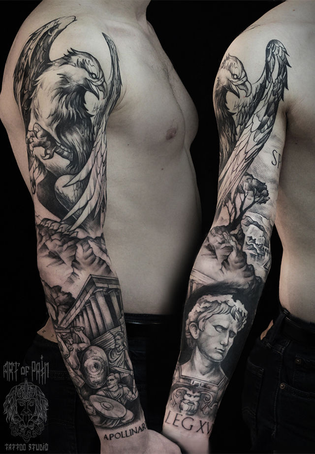 Татуировка мужская графика тату-рукав Legio XV Apollinaris – Мастер тату: 