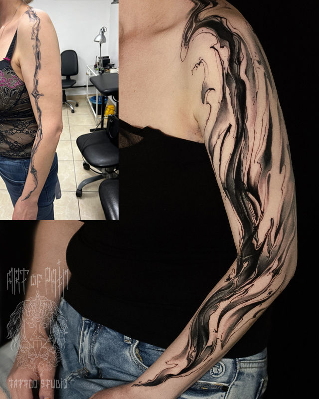 Татуировка женская графика на руке узор (перекрытие старой тату) – Мастер тату: Дмитрий Шейб