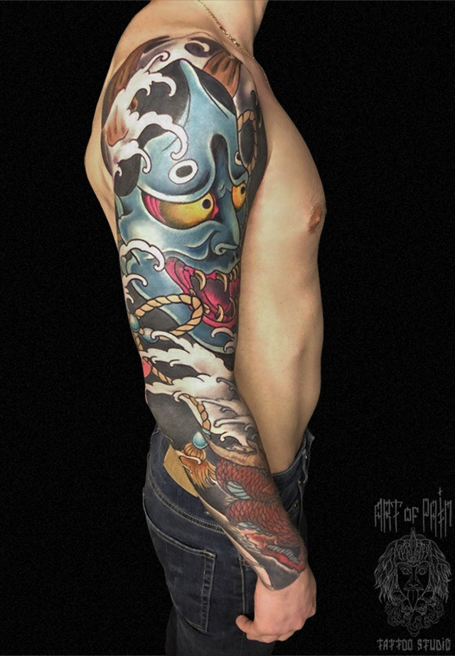 Татуировка мужская япония тату-рукав синяя маска ханья – Мастер тату: Ольга Добрякова