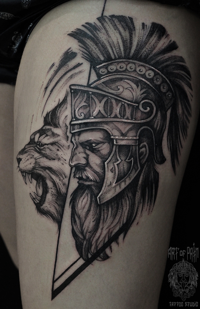 Татуировка женская black&grey на бедре воин – Мастер тату: 