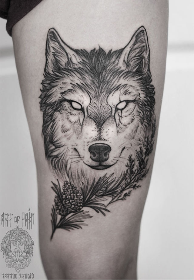 Татуировка женская графика на бедре волк – Мастер тату: 