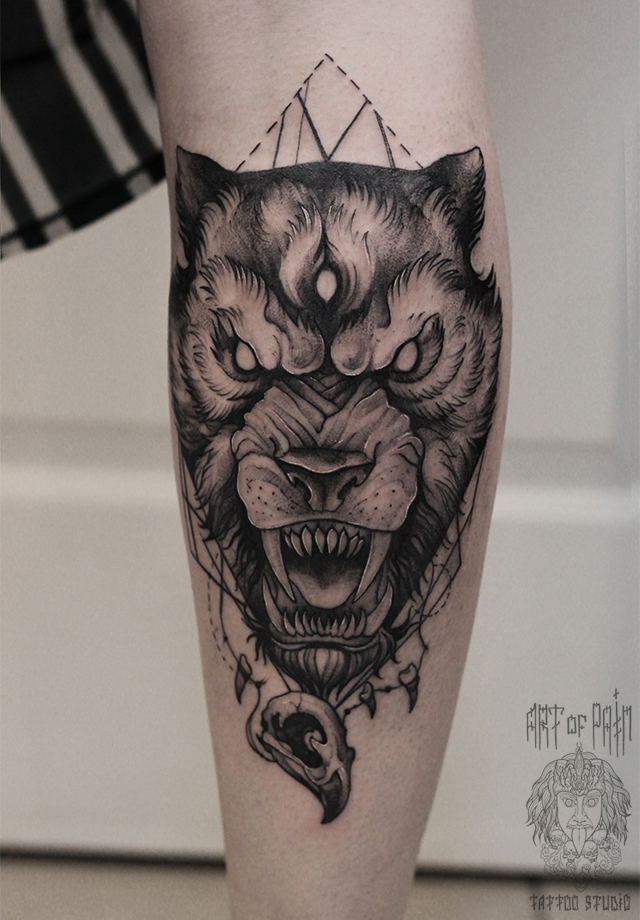 Татуировка мужская графика на голени волк – Мастер тату: 