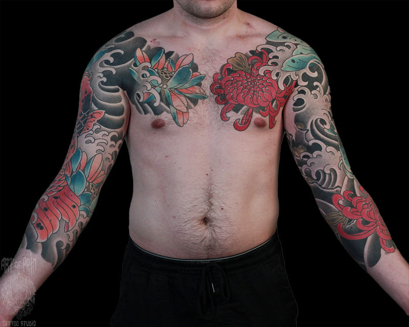 Татуировка мужская япония тату-рукава карпы и лотосы – Мастер тату: Марк Акулов