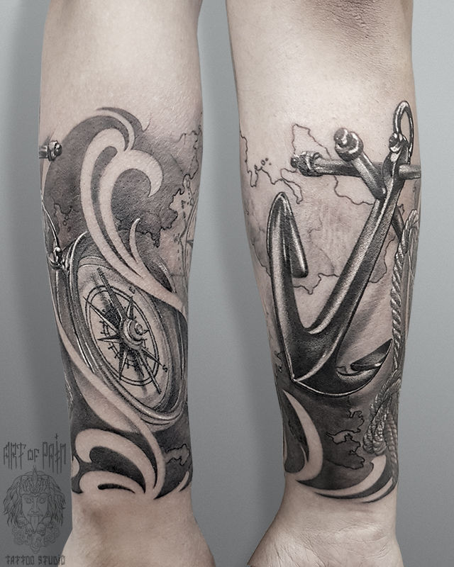 Татуировка мужская black&grey на предплечье якорь и компас – Мастер тату: 