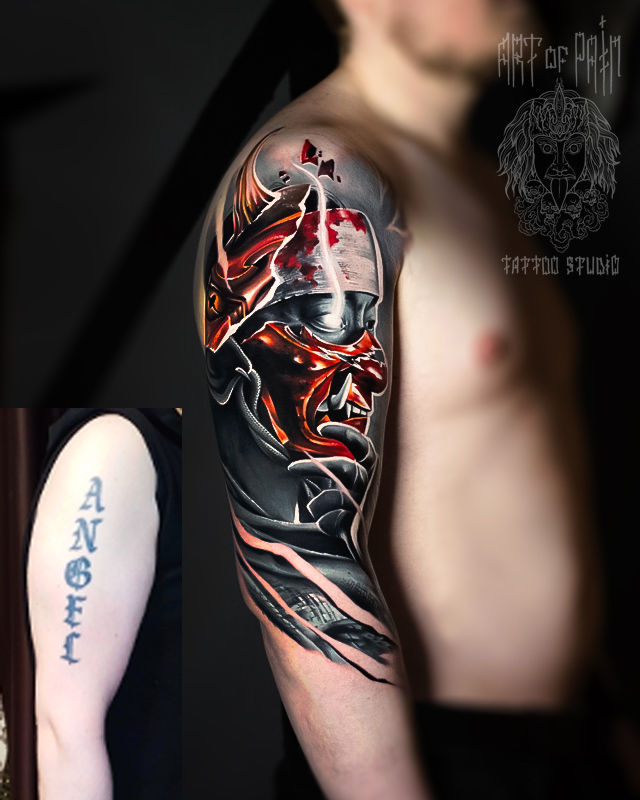 Татуировка мужская реализм и япония на плече самурай – Мастер тату: Дмитрий Шейб