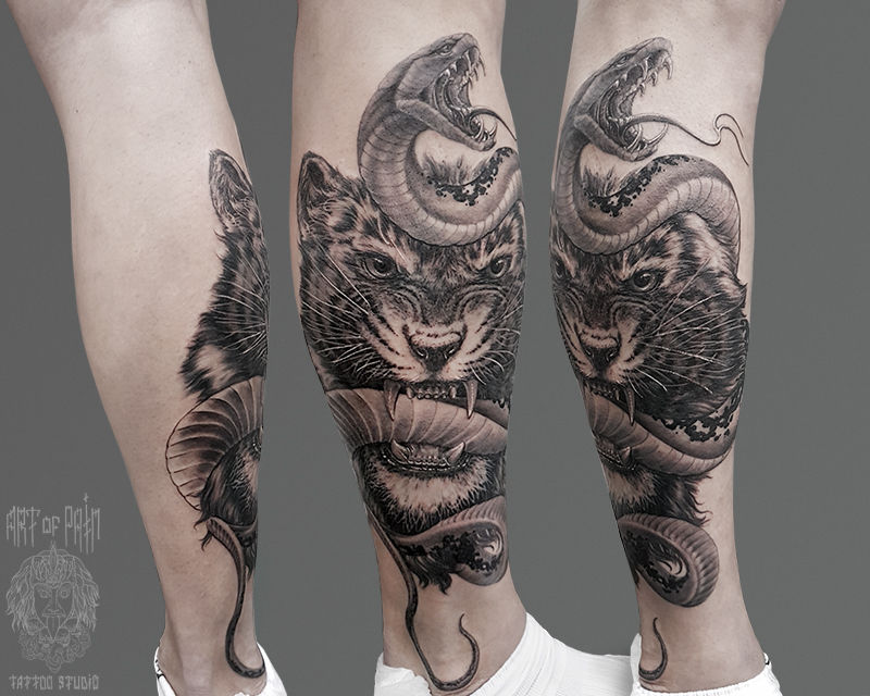 Татуировка мужская графика на голени тигр и змея – Мастер тату: 
