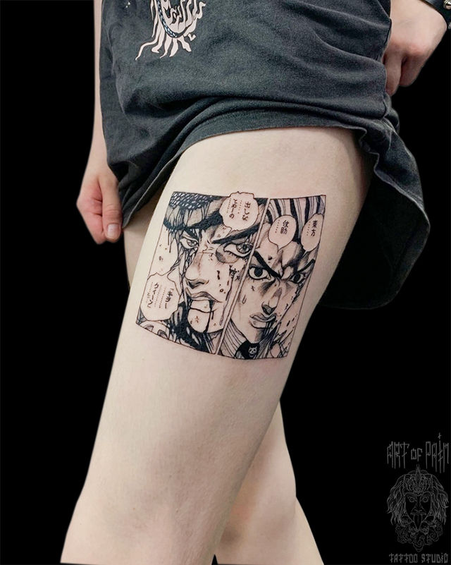 Татуировка женская графика на бедре аниме – Мастер тату: Мария Челнокова