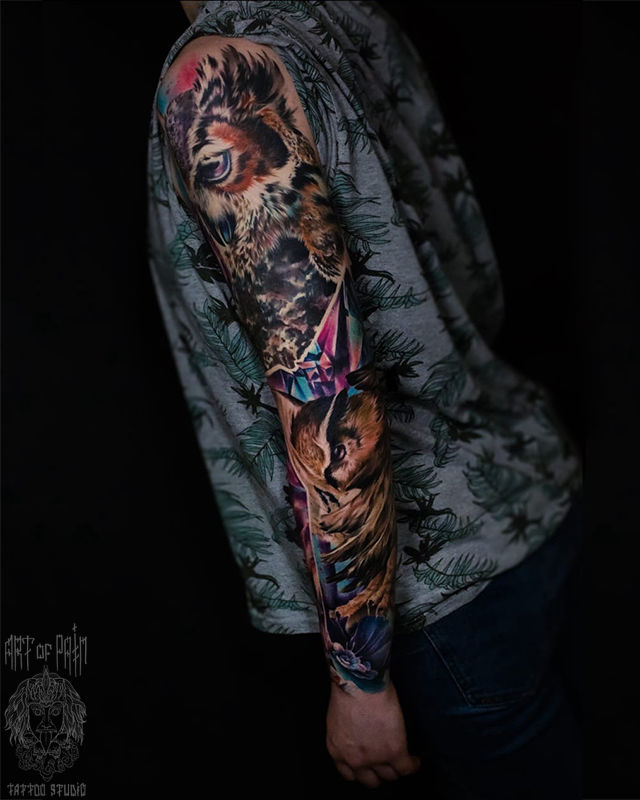 Татуировка мужская реализм тату-рукав совы – Мастер тату: Дмитрий Шейб