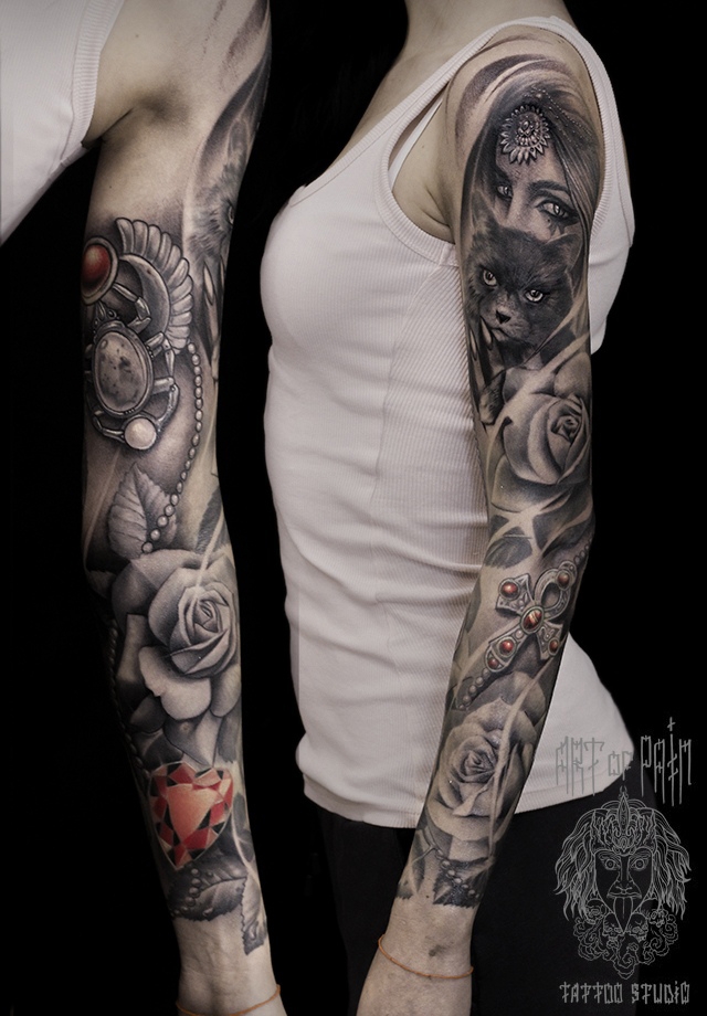 Татуировка женская black&grey на тату-рукав скарабей, девушка, кошка, анкх – Мастер тату: Слава Tech Lunatic
