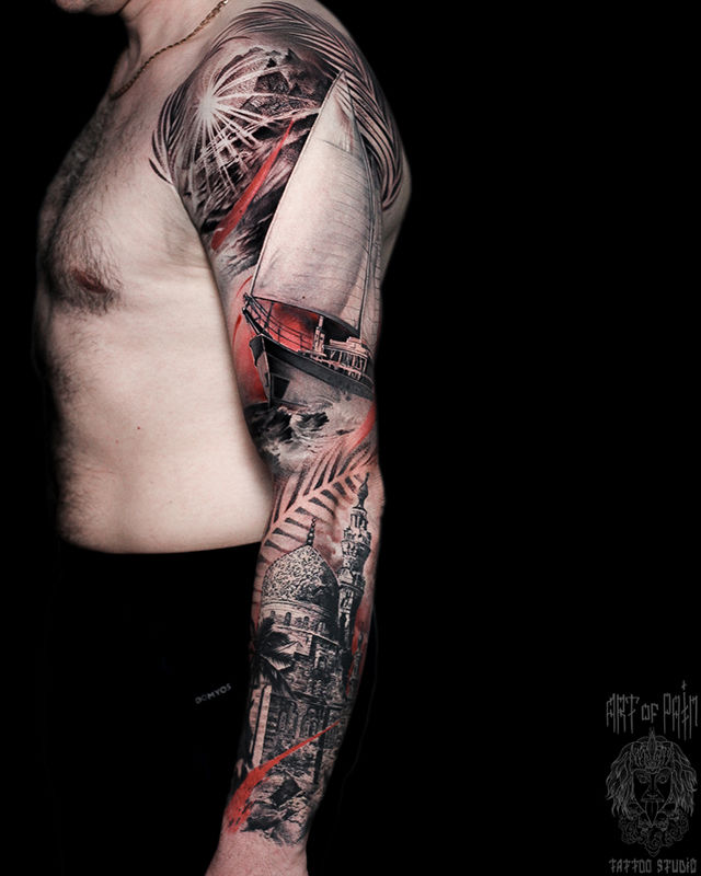 Татуировка мужская реализм тату-рукав корабль, дворец – Мастер тату: Слава Tech Lunatic