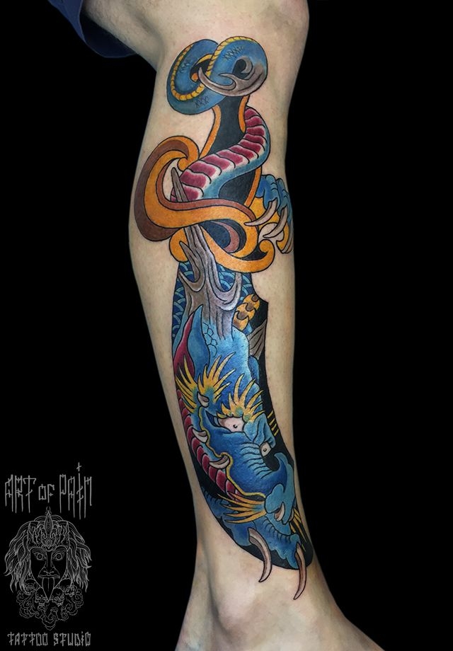Татуировка мужская япония на икре дракон – Мастер тату: Ольга Добрякова