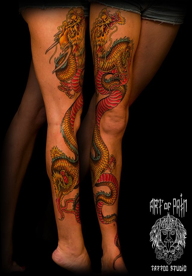 Татуировка женская япония на ноге дракон – Мастер тату: Ольга Добрякова
