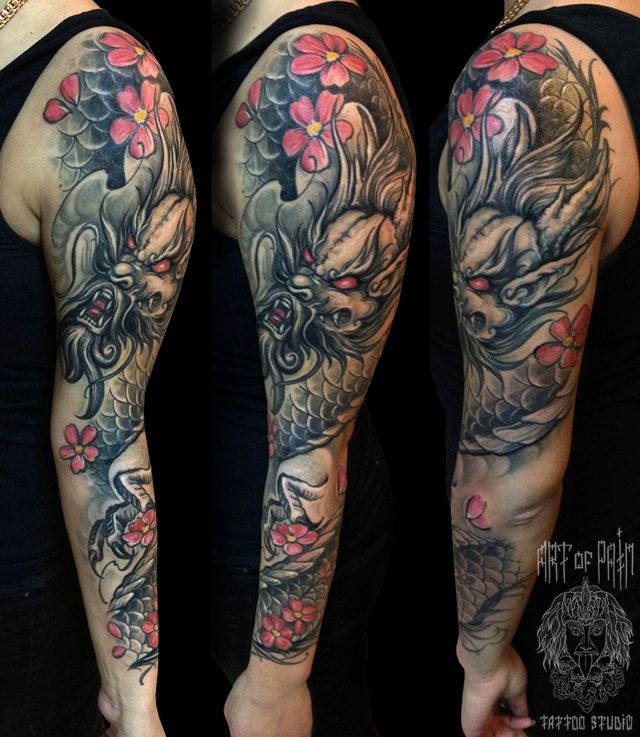 Татуировка мужская Япония рукав дракон и цветы – Мастер тату: 