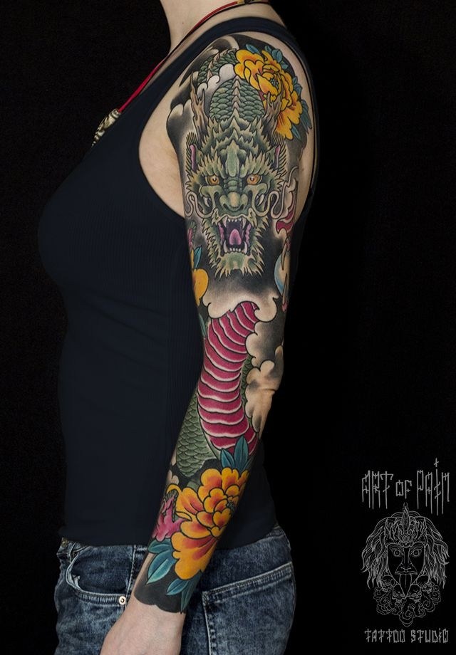 Татуировка женский рукав в стиле Япония с драконом – Мастер тату: Ольга Добрякова