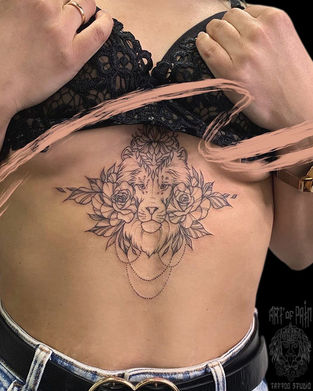 Татуировка женская графика под грудью лев – Мастер тату: Мария Челнокова