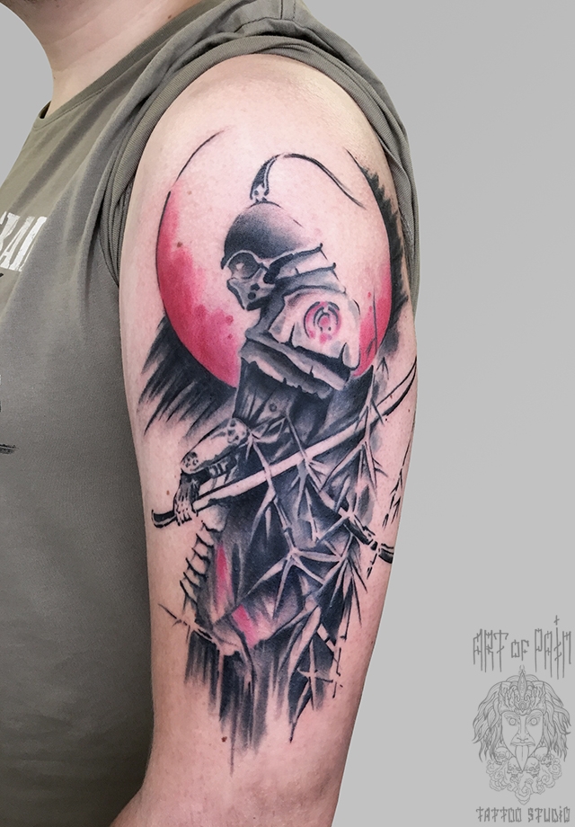Татуировка мужская акварель на плече самурай – Мастер тату: 