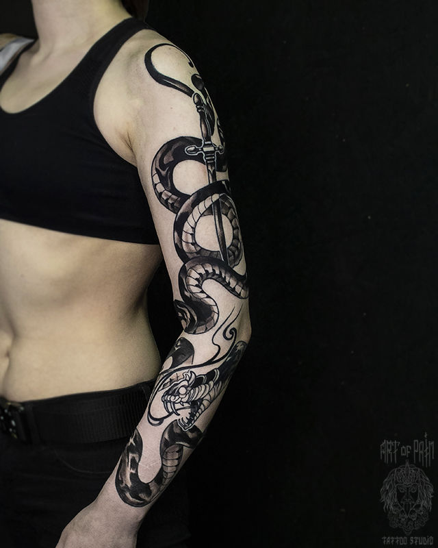 Татуировка женская япония тату-рукав змея и кинжал – Мастер тату: 