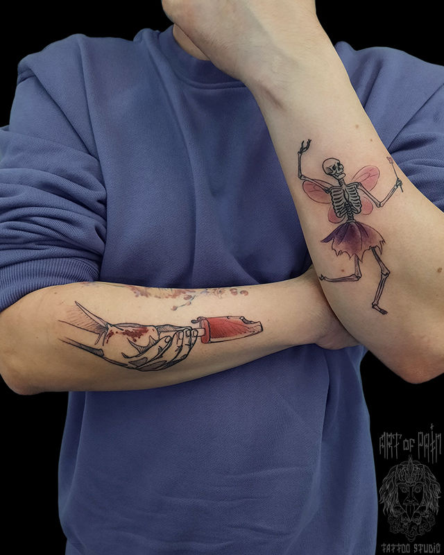 Татуировка мужская графика на предплечьях рука с мороженным и фея скелет – Мастер тату: 