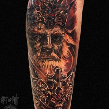татуировка мужская фентези на голени царь