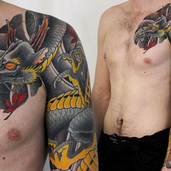 Татуировка мужская япония тату-рукав дракон и карп кои