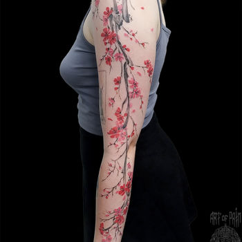 Татуировка женская графика тату-рукав сакура