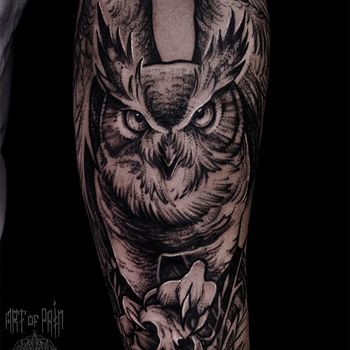 Татуировка мужская black&grey на предплечье сова и череп хищника