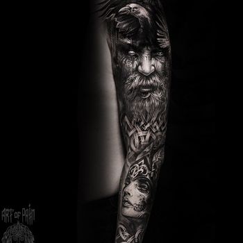 Татуировка мужская реализм тату-рукав старец, девушка, узор