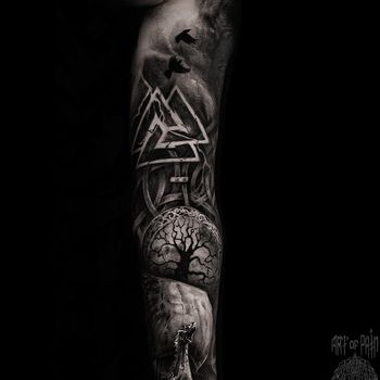Татуировка мужская реализм тату-рукав дракон, узор