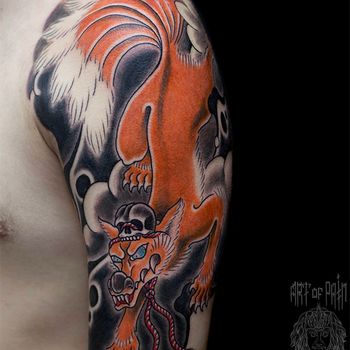Татуировка мужская япония на плече лис