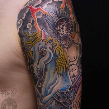 Татуировка мужская олдскул на плече посейдон