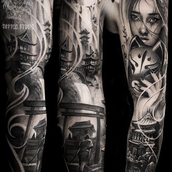 Татуировка мужская реализм тату-рукав девушка, пагода, япония