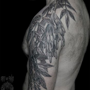 Татуировка мужская графика на плече растения