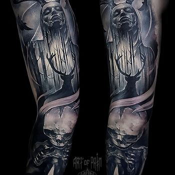 Татуировка мужская black&grey тату-рукав олень, девушка, скелет
