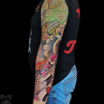 Татуировка мужская япония тату-рукав самурай и тигр