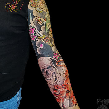 Татуировка мужская япония тату-рукав самурай и тигр