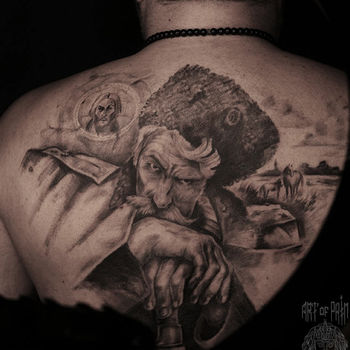 Татуировка мужская графика на спине казак