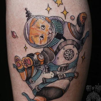 Татуировка женская графика на голени кот в космосе