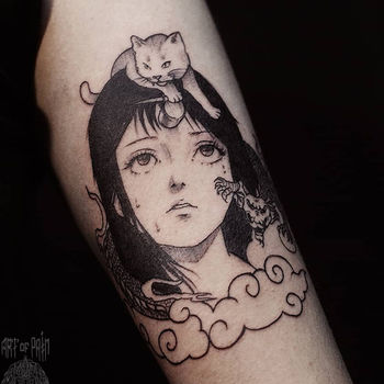 Татуировка женская графика на руке девушка, котик, дракон
