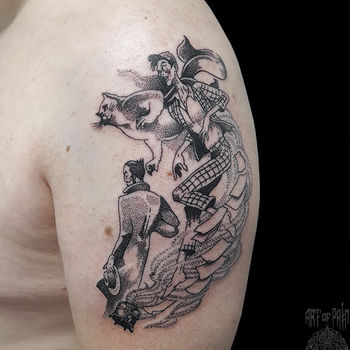 Татуировка мужская графика на плече Коровин, Воланд, Бегемот