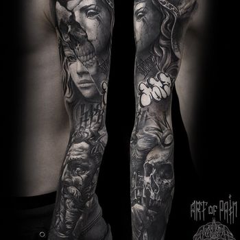 Татуировка мужская black&grey тату-рукав девушка, череп, посейдон